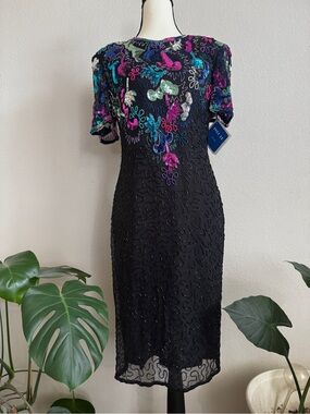 VTG Swee Lo Silk Beaded Sequin Dress Black Open Back Cocktail Party M 8-10 NWT